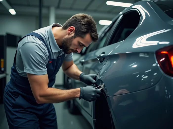 Expert car body repair specialist working on a pristine vehicle