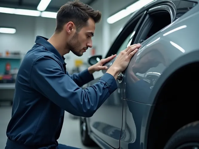 Autoline car body repair specialist meticulously working on a car